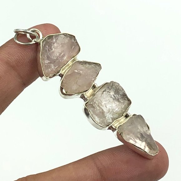 Natural Rough Rose Quartz Gemstones Set in 925 Sterling Silver Pendant, NWT - Picture 12 of 16